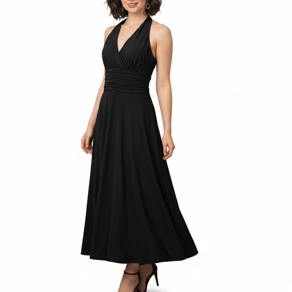 Jones Wear Women's Black Halter Ruched Size 4 Sleeveless Midi Dress Formal Event